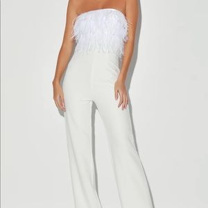NWT Lulu’s Luckiest Of All White Feather Jumpsuit
